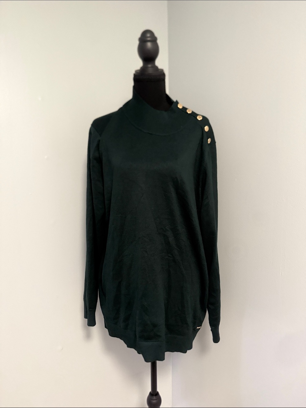 Calvin Klein Dark Green Mock Neck Sweater with Gold Buttons
